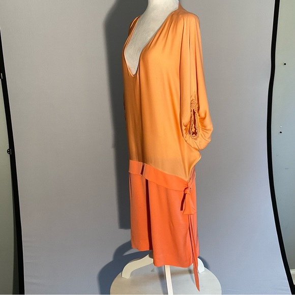 Diane Von Furstenberg Peach/Apricot Silk Drop Waist Batwing Puffed Sleeves Dress - Picture 10 of 16